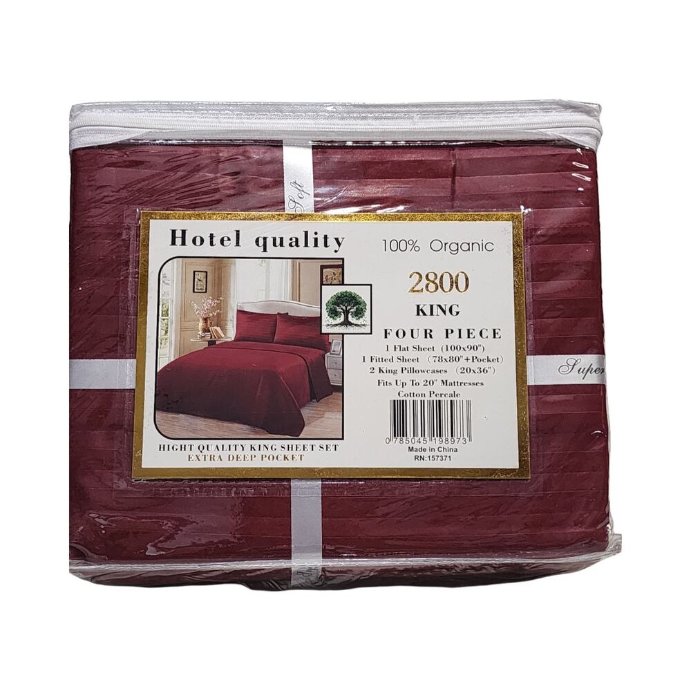 Super Soft 2800 Series King Sheet Set 4pc 100% Organic Burgundy Deep Pocket NWT